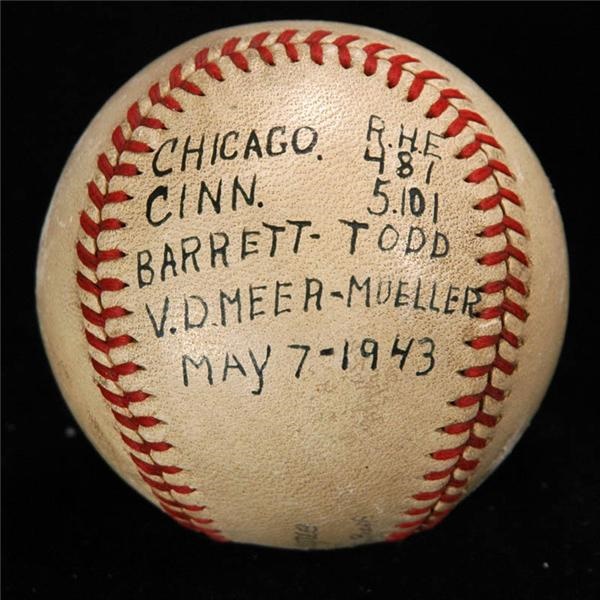 - 1943 Johnny VanderMeer Game Used "Win" Baseball
