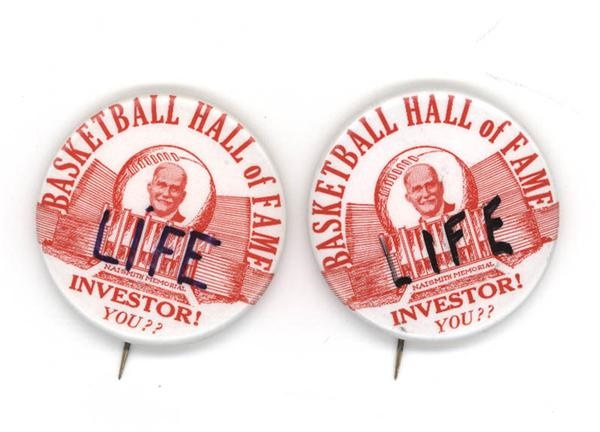 Two Rare Basketball Hall of Fame Pin-Back Buttons Picturing James Naismith