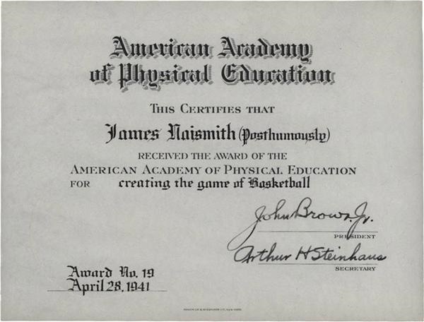 Dr. James Naismith American Academy of Pysical Education Certificate For Creating the Game of Basketball