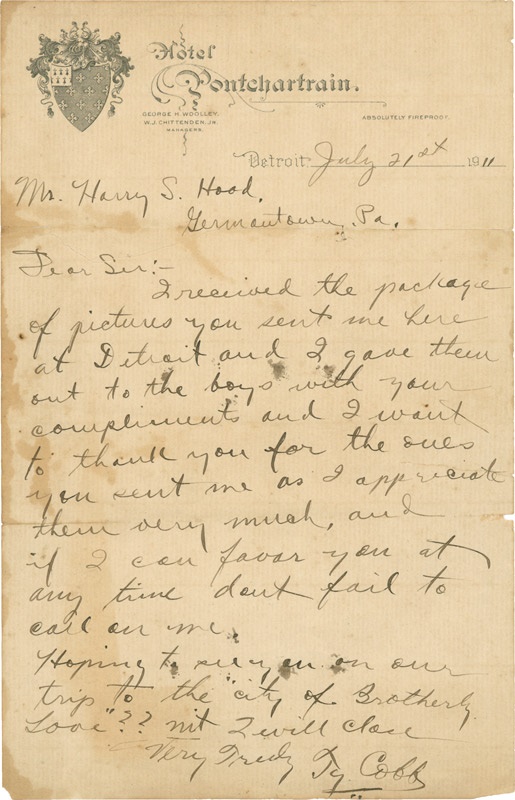 1911 Ty Cobb Signed Handwritten Letter