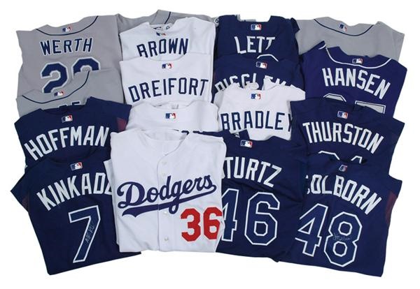 Baseball Equipment - Collection of 18 Game Used Los Angles Dodgers Jersey's with Team LOA's