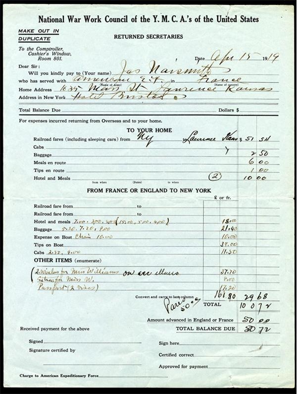 1919 James Naismith Signed YMCA Document