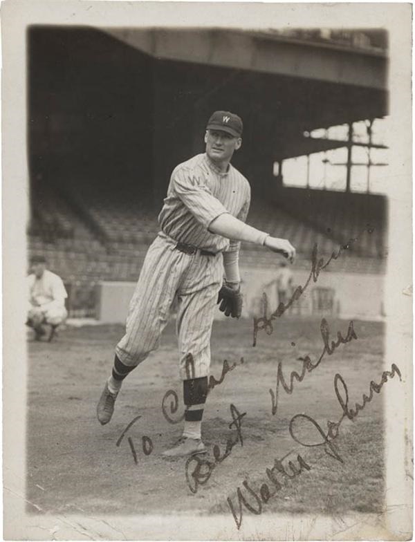 Baseball Autographs - Vintage Walter Johnson Signed Baseball News Service Photo