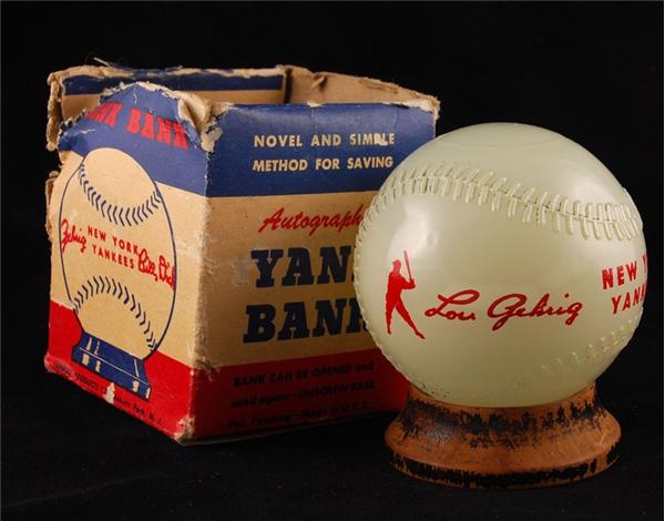 Lou Gehrig-Bill Dickey Glass Baseball Bank in Original Box (1930s)