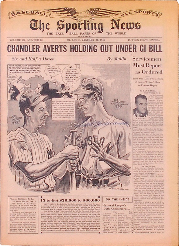 Baseball Autographs - Ted Williams Signed 1946 The Sporting News Magazine with Willard Mullin Cover Art