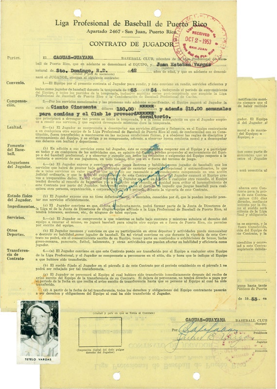Baseball Autographs - 1953-54 Tetelo Vargas Signed Puerto Rico Professional Baseball League Contract