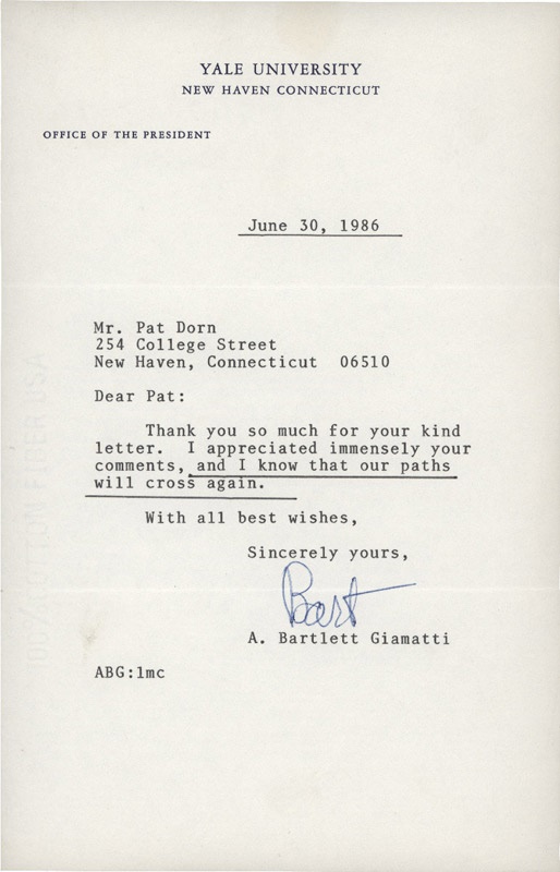 Baseball Autographs - Bart Giamatti Signed Letter (1986)