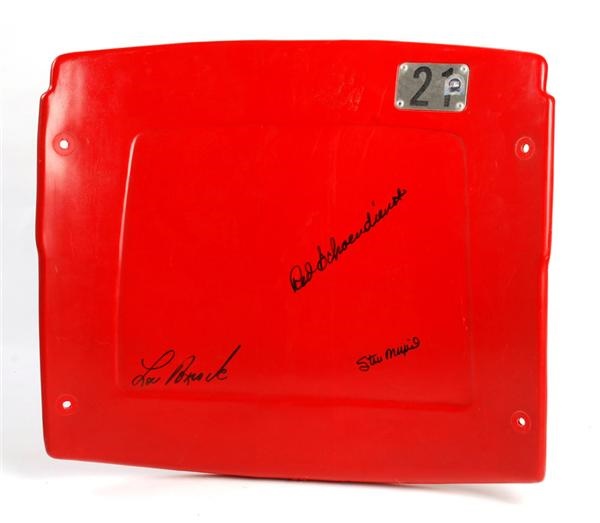 - Old Busch Stadium Seatback signed by Three Cardinals Hall of Famers