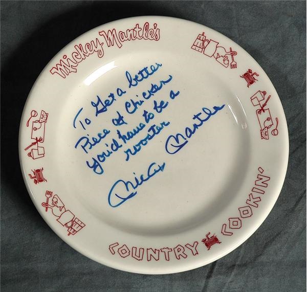 Baseball Autographs - Mickey Mantle Country Cookin Plate Signed To Get A Better Piece Of Chicken You'd Have To Be A Rooster
