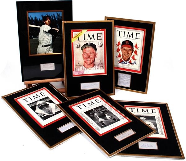 Baseball Autographs - (6) Time Magazine Baseball Cover & Signed Cards Displays w/ Mantle, Dimaggio & More