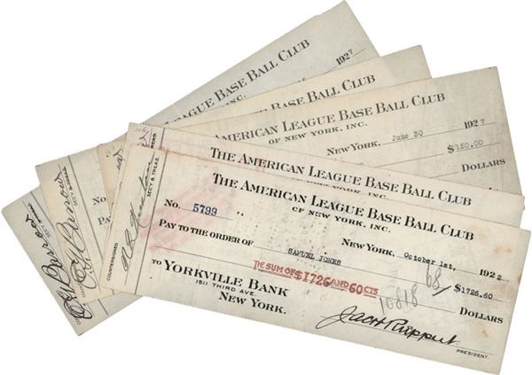 Baseball Autographs - (5) 1927 NY Yankees Paychecks w/ Baseball Player Endorsements