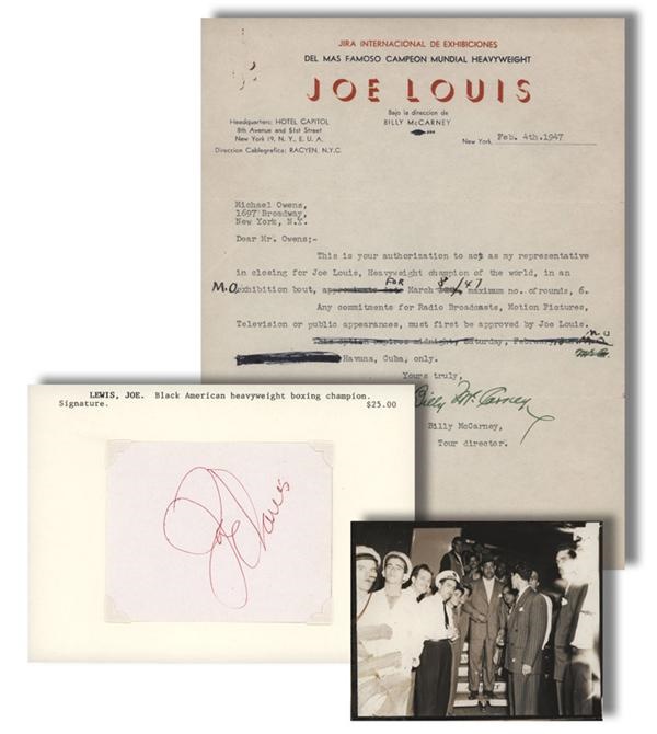 - Joe Louis Boxing Memorabilia Lot with Signed Cut (3)