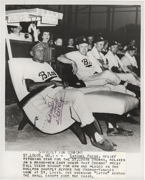 Vintage Satchel Paige In Easy Chair Signed Wire Photo