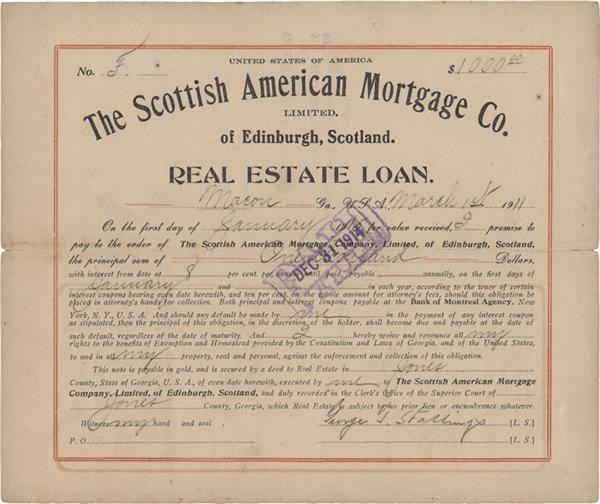 Baseball Autographs - 1911 Yankees / 1914 Braves Baseball Mgr. George Stallings Signed Mortgage Legal Document