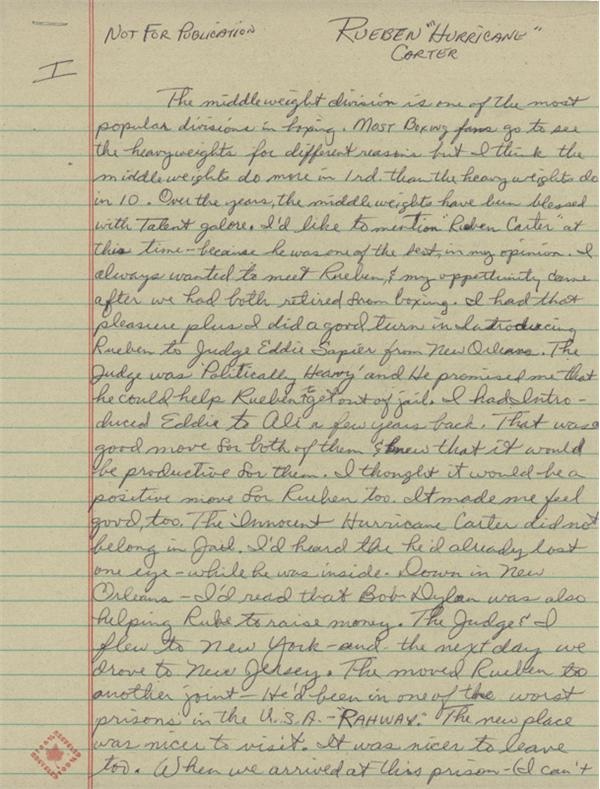 Muhammad Ali & Boxing - Willie Pastrano handwritten letter about Rubin "Hurricane" Carter