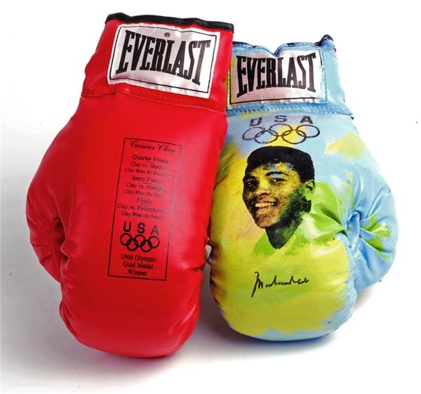 Muhammad Ali & Boxing - Two Cassius Clay Olympic Gloves with One Hand Painted and Signed