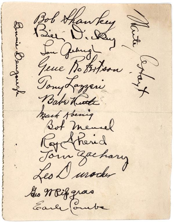 Baseball Autographs - 1929 New York Yankees Team Signed Sheet with Ruth and Gehrig