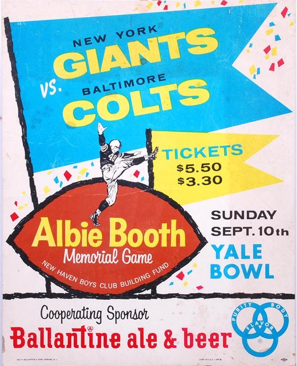 1961 Giants vs Colts NFL Albie Booth Memorial Game Sign