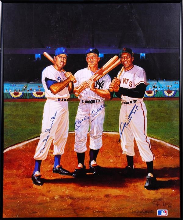 Baseball Autographs - Mickey Mantle, Duke Snider and Willie Mays Signed Ron Lewis Poster