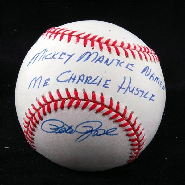 Baseball Autographs - Pete Rose Signed &quot;Mickey Mantle Named Me Charlie Hustle&quot; Baseball
