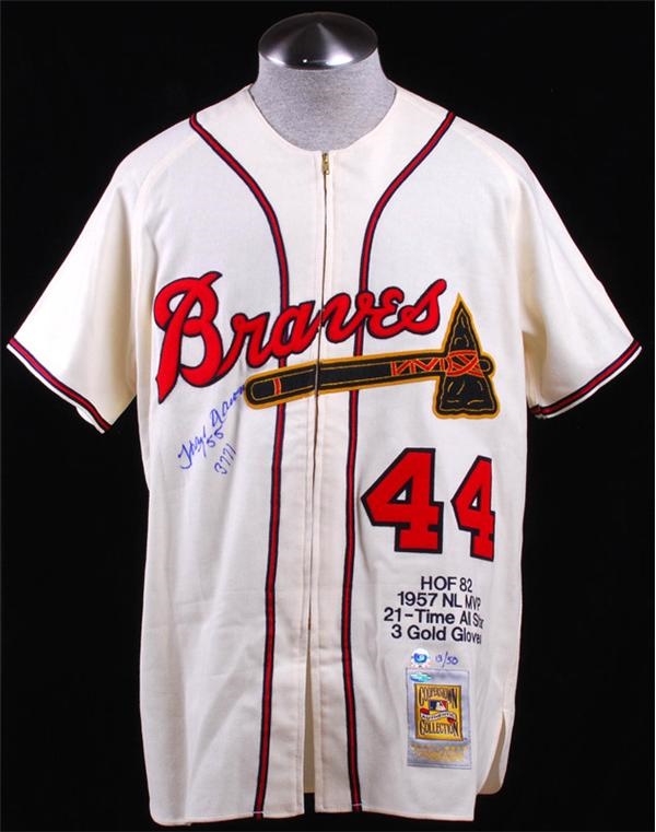 Baseball Autographs - Hank Aaron Signed Braves Baseball Stat Jersey Ltd. Ed. STEINER