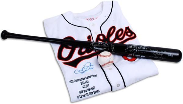 Baseball Autographs - Cal Ripken Jr. Signed Stat Baseball, Bat and Jersey Lot STEINER