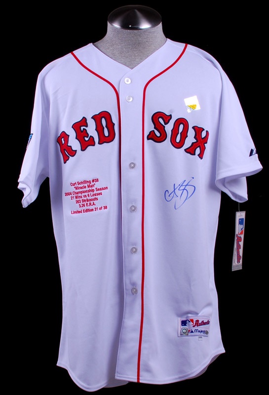 Baseball Autographs - Curt Schilling Signed World Series Red Sox Baseball Stat Jersey Ltd.