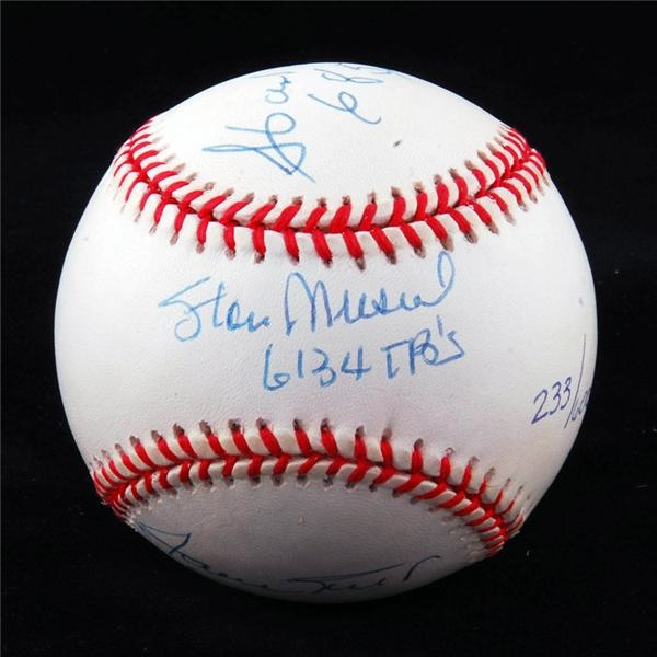 Baseball Autographs - 6000 Base Club Aaron, Musial & Mays Signed Ltd. Ed. Stat Baseball w/COA