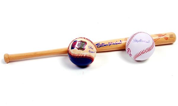 St. Louis Cardinals - Stan Musial Signed Baseballs (2) and Mini Bat
