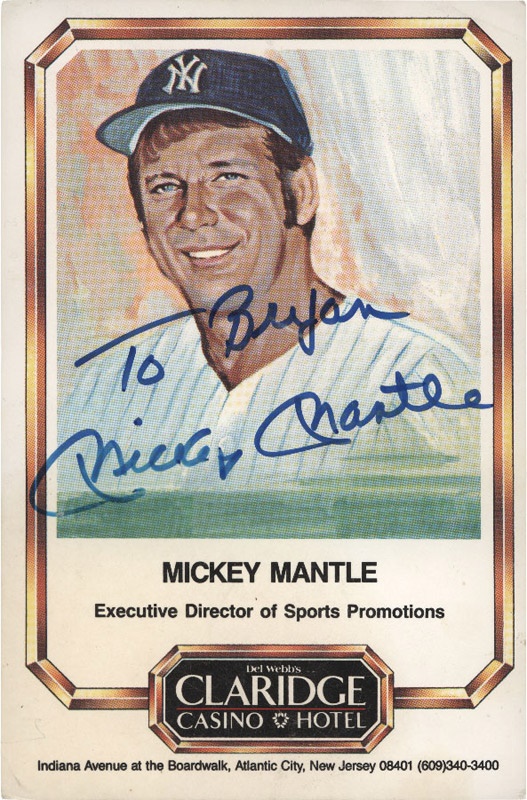 Baseball Autographs - Mickey Mantle Signed Claridge Hotel Baseball Promotion Card to Bryan