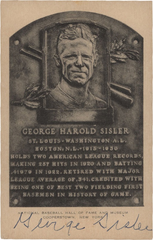 Baseball Autographs - George Sisler Signed B&W Hall of Fame Plaque Postcard