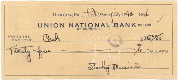 Baseball Autographs - 1943 Stan Musial Signed Check