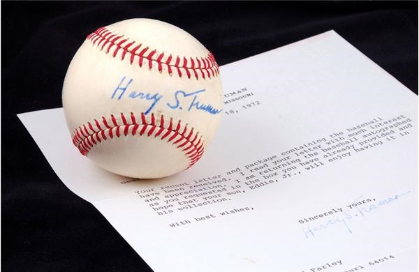 Baseball Autographs - President Harry Truman Single Signed Baseball and Signed Letter