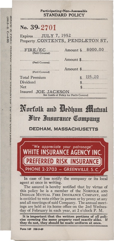 Black Sox Shoeless Joe Jackson's Insurance Policy on His Liquor Store