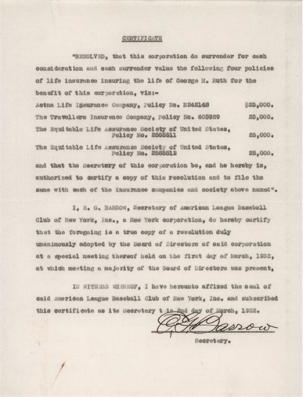 Babe Ruth's New York Yankees Life Insurance Termination Document