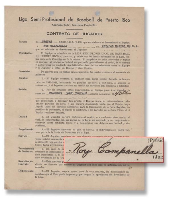 - 1940-41 Roy Campanella Signed Player's Contract