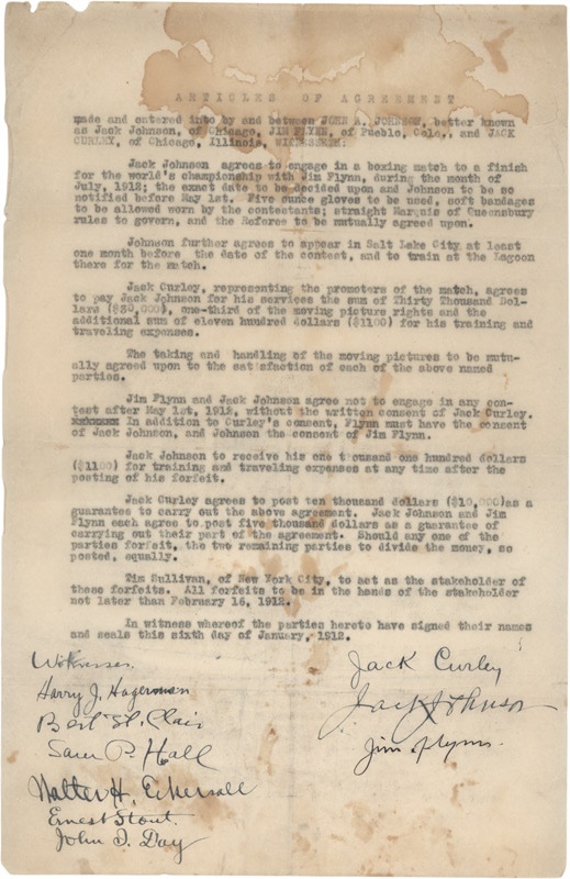 - 1912 Jack Johnson and Jim Flynn Signed Fight Contract-The Only Known Johnson Fight Contract