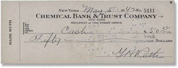 Baseball Autographs - Babe Ruth Signed Check (1942)