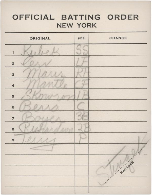 - 1960 New York Yankees Line-Up Card Signed by Casey Stengel