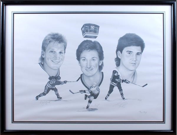 Limited Edition Lithograph Signed By Wayne Gretzky, Mario Lemieux and Brett Hull