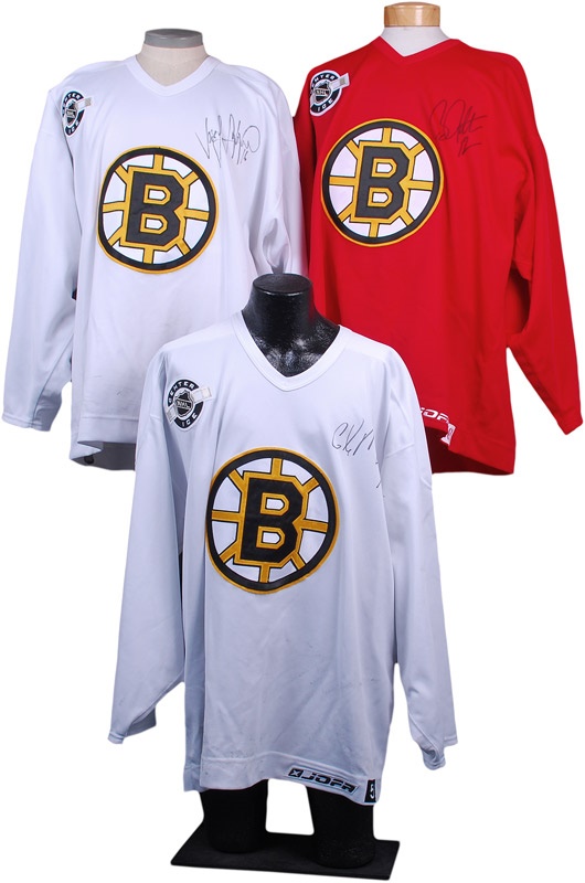 Game Used Hockey - Josef Stumpel, Glen Murray and Brian Rolston Boston Bruins Signed Practice Hockey Jerseys (3)
