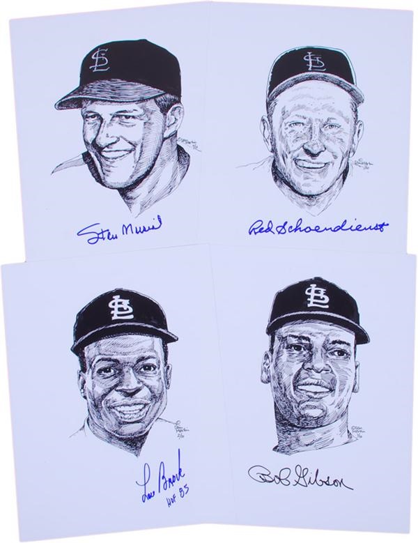 Dan Martin Portraits of Cardinals Hall of Famers with Signatures-Musial, Gibson, Brock & Schoendienst (4)
