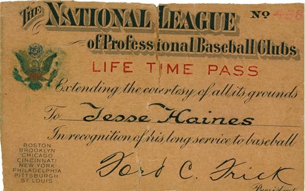 Jesse Haines Collection with Four Signatures and His National League Lifetime Pass (6)