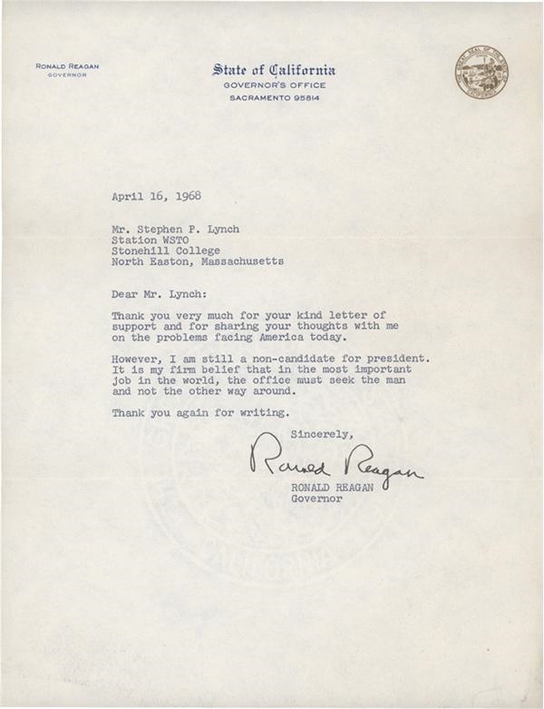 Ronald Regan Signed TLS as Governor of California (1968)