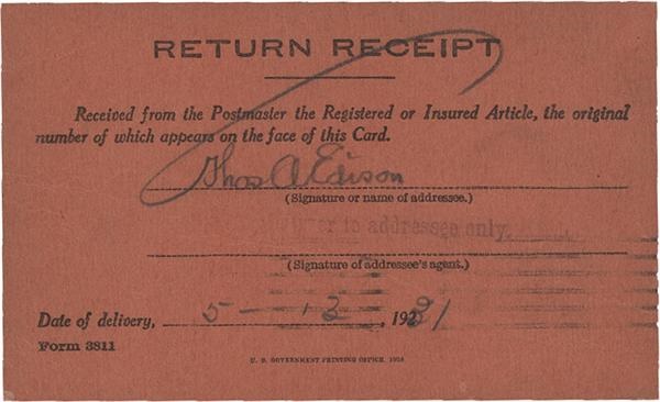Inventor Thomas Edison Signed Postal Receipt (1931)