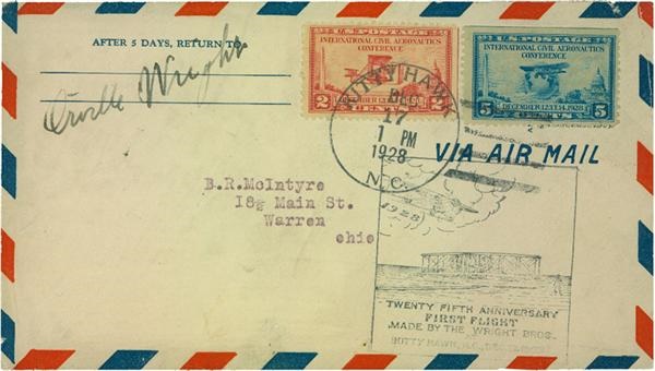 Aviator Orville Wright Signed Air Mail Postal Cover (1928)