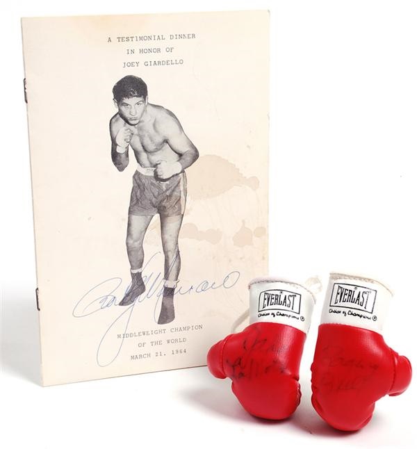 Muhammad Ali & Boxing - Rocky Marciano Signed Testimonial Dinner Program and a Pair of Signed Jake LaMotta Mini Gloves