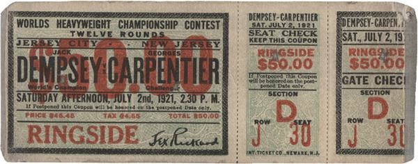 Muhammad Ali & Boxing - 1921 Jack Dempsey vs. Georges Carpentier Full Ticket