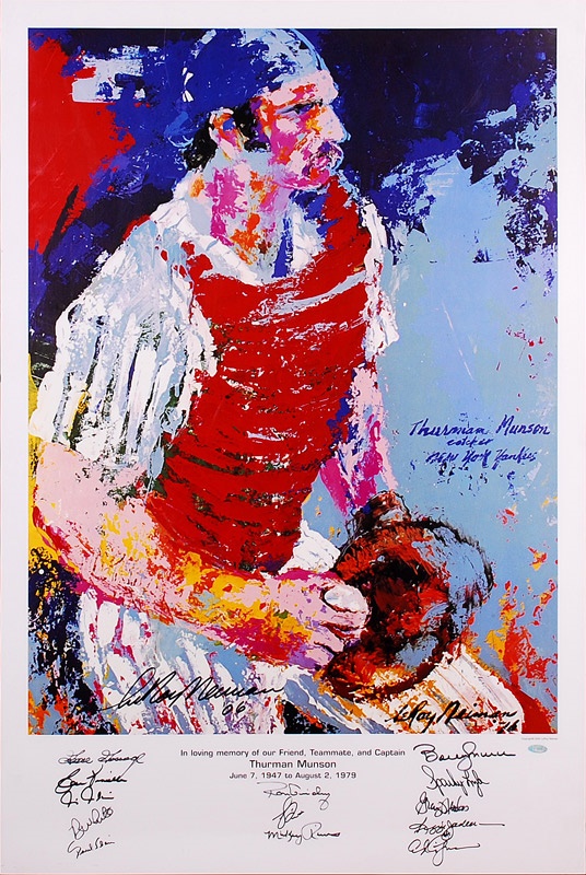 Baseball Autographs - Thurman Munson Tribute Poster Signed by LeRoy Neiman and 13 Teammates STEINER