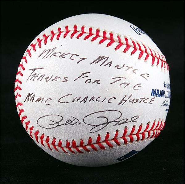 Baseball Autographs - Pete Rose Signed Baseball with Mickey Mantle Inscription